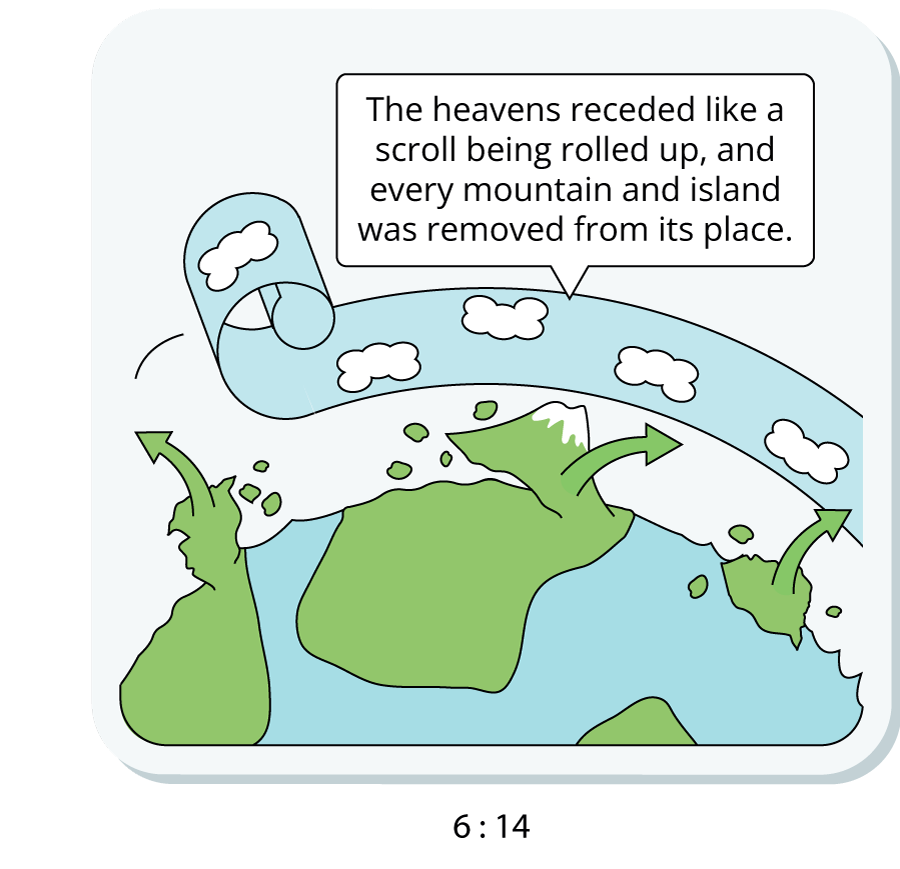 The heavens receded like a scroll being rolled up, and every mountain and island was removed from its place.